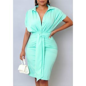 Women's Classy Collared Midi Dress With Built-in Belt